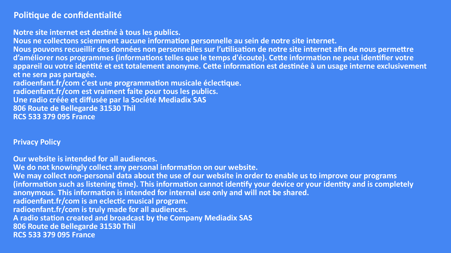 Mentions légales de Radio Enfant